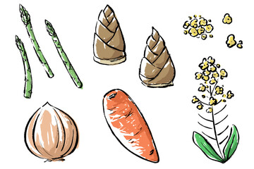 春の野菜と菜の花の筆タッチセット