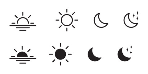Time of the day icons showing morning sunrise, bright noon sun, evening sunset, and night moon with stars representing daily cycle, weather, astronomy, calendar, and environment concept  © Top