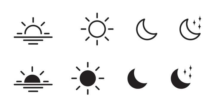 Time of the day icons showing morning sunrise, bright noon sun, evening sunset, and night moon with stars representing daily cycle, weather, astronomy, calendar, and environment concept 