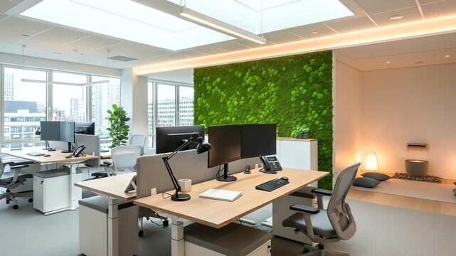 Modern Office Interior with Green Wall and Natural Light.