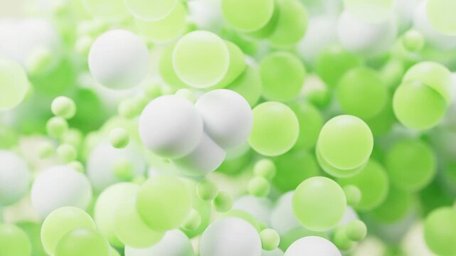 Abstract soft spheres motion with green and white bouncing balls in blurred space cinematic 3d rendering
