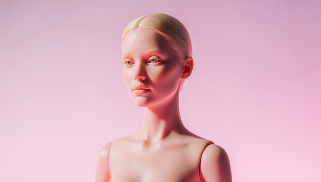Close-up of Pale Mannequin Head with Pink Lighting