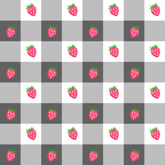Strawberries on Black Grey White Plaid Pattern