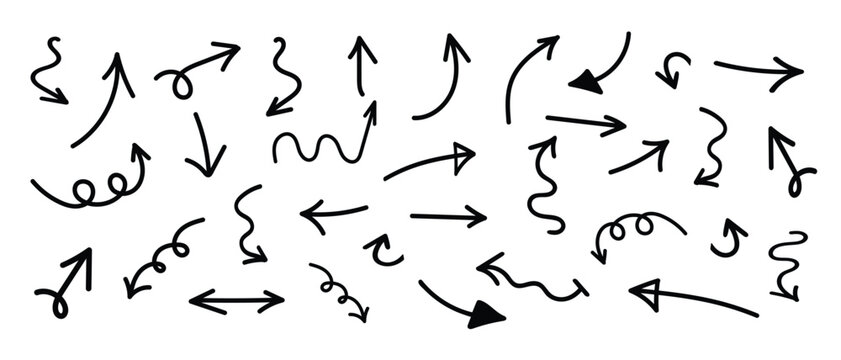 Hand Drawn Arrow Set, Sketch Doodle Direction and Infographic Markup Elements