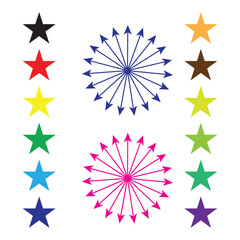 Obraz premium Colorful Star Icons and Radial Arrow Burst Design Set on White Background