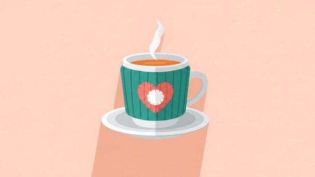 Steaming Hot Beverage in a Cozy HeartDecorated Cup with Long Shadow.