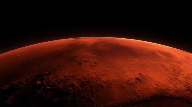 Mars sphere partially lit from space, rugged canyon formations and impact craters visible on reddish terrain, sharp planetary edge with soft atmospheric glow, minimal starfield bac 4K