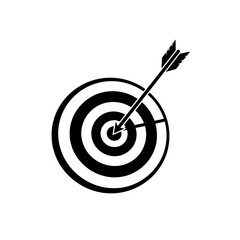 A black and white illustration of an arrow hitting the bullseye of a target.