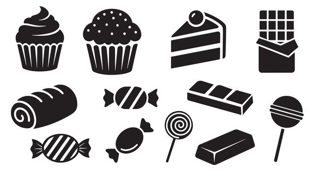 Sweet dessert and candy silhouette icon set. Chocolate bar, cupcake, lollipop, and wrapped bonbon symbols