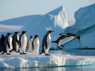 Obraz premium King penguin leaping gracefully into cold Antarctic waters from a sunlit ice floe, group.