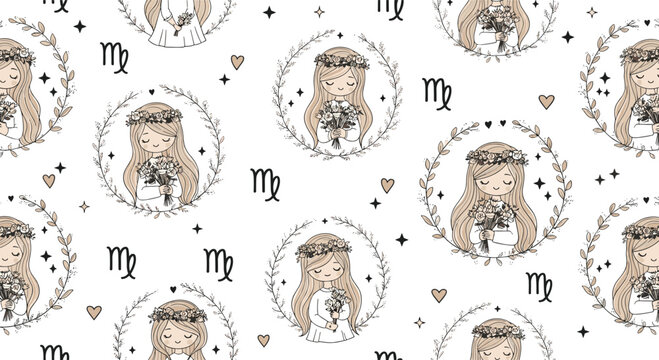 Adorable seamless pattern showing little girls with flower crowns and bouquets representing the virgo zodiac sign among stars and hearts.