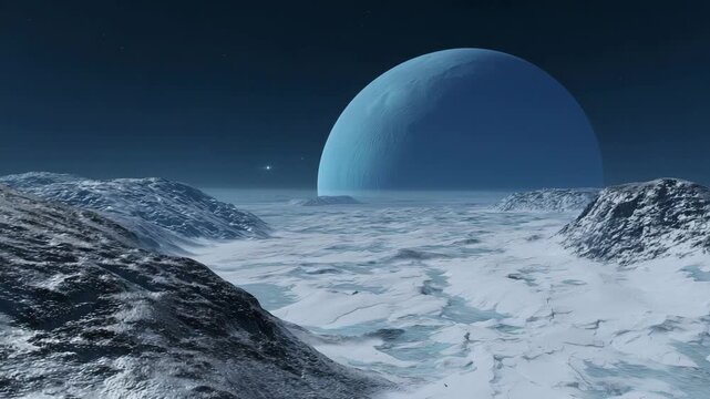 Neptune towering in star-filled space with large icy moon nearby, frozen extraterrestrial surface in foreground covered with subtle craters and frost textures 4K