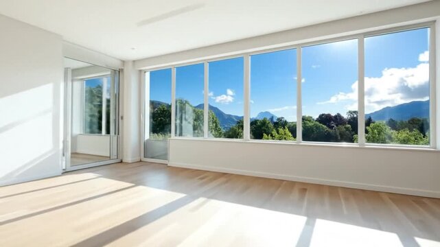 Bright and spacious empty room with large windows offering scenic mountain views.