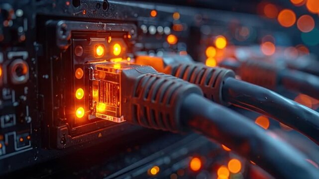 Close-up of network cables connected to ports, highlighting data transmission and connectivity.