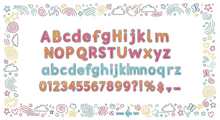 Obraz premium A playful, colorful, rounded font with uppercase, lowercase letters, numbers, and symbols, framed by a whimsical border of doodles.
