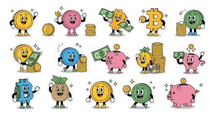 A collection of retro cartoon money characters, including coins, bitcoins, and piggy banks, with arms, legs, and expressive faces, interacting with cash and coin stacks.