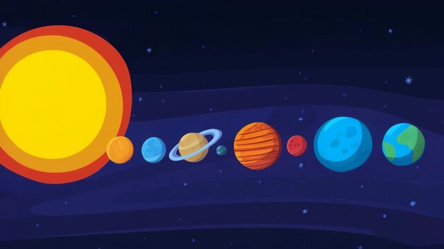 cartoon solar system, planets, sun, space illustration, astronomy for kids, educational poster, Mercury, Venus, Earth, Mars, Jupiter, Saturn, Uranus, Neptune, colorful universe, orbit diagram