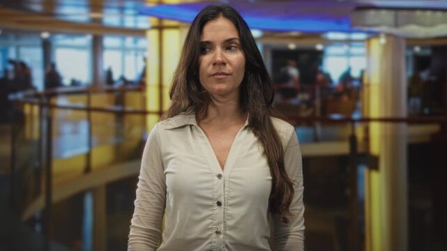 Young hispanic woman stands with unbuttoned shirt revealing bare chest, looks sideways while facing camera in building lobby with soft overhead lights; quiet contemplation.