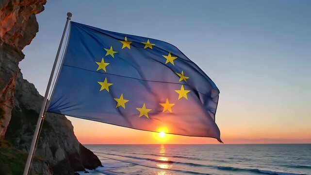 European Union flag waving at sunset over ocean coastline, golden hour light, political symbol, EU membership concept