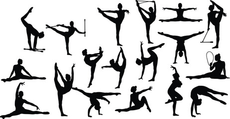 Comprehensive set of rhythmic gymnastics silhouettes showing girls performing with ribbons balls and hoops in flexible poses. © Fuad Creatives 