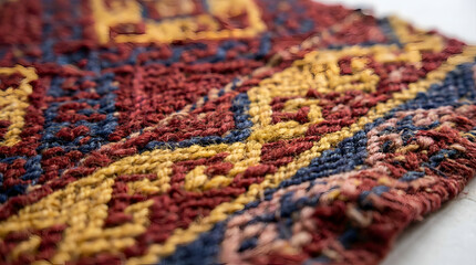 Fototapeta premium Macro close-up of traditional woven wool rug texture. Detailed persian kilim carpet pattern with red blue and gold threads. Bohemian interior fabric background.