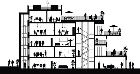 Architectural cross section silhouette of a modern multi-story building showing people working in offices and relaxing on balconies. © Fuad Creatives 