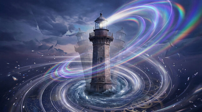 Historic lighthouse emerging from swirling temporal vortex at night  