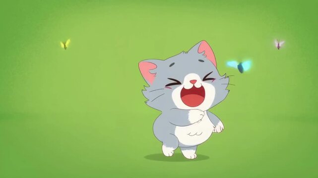 Smiling Cat with butterfly around in cartoon style