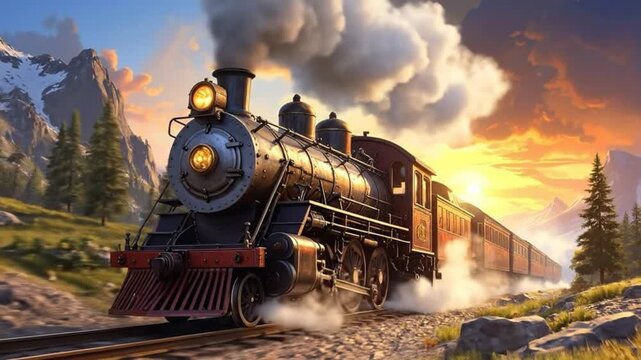 Vintage steam train chugging along tracks through a scenic mountain landscape at sunset.