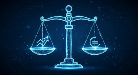 Digital scale with trend arrow and Euro symbol, glowing on a dark blue tech background