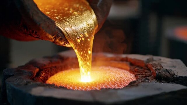 Molten gold pouring from crucible into mold