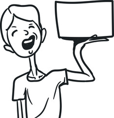 The cheerful young man raised his hand and seemed to be holding a frame.