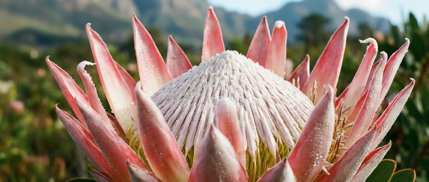 Close-up of a large pink King Protea flower with mountains in the background.