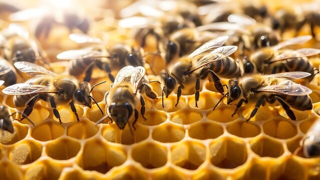 A close-up macro shot of a colony of honeybees working diligently on a honeycomb structure, their fuzzy bodies and intricate wings clearly visible.