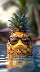 Pineapple sunglasses angry cartoon mascot pool scene, grumpy tropical fruit floating in water