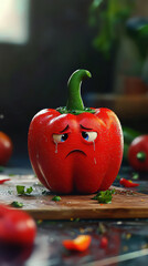 Sad bell pepper cartoon mascot with teardrop face on cutting board, kitchen light