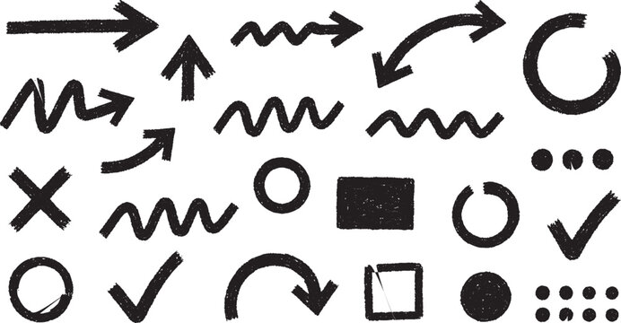 Hand drawn doodle arrows and shapes set for design elements.