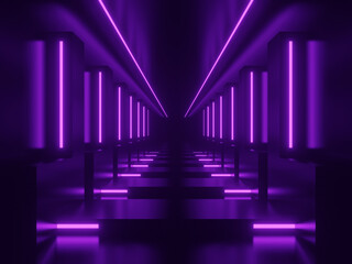 3D Sci fi black tunnel with purple neon lights