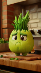 Fennel vegetable cartoon mascot sad kitchen character on cutting board, worried expression