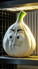 Garlic cartoon mascot worried refrigerator light, sad face food character indoors