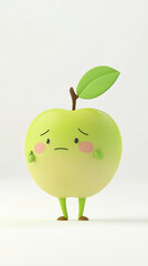 Green apple sad cartoon character with shy expression, 3d render on white background