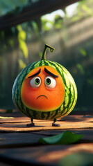 Sad cartoon watermelon mascot character with lowered eyes, standing on wooden table outdoors