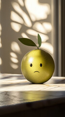 Sad cartoon fruit character citrus on marble table, soft sunlight shadow, minimal mood