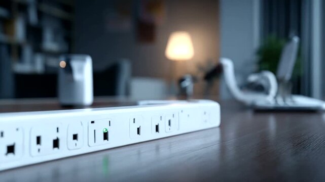 Modern power strip with USB ports and digital display on a wooden table.