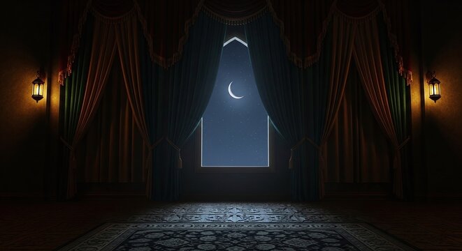 Mosque interior with glowing crescent moon lantern at night dark ambiance spiritual