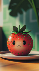 Strawberry cartoon mascot sad cute dessert on plate, watery eyes, playful food character