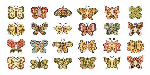 Collection of colorful hand drawn style butterflies arranged in a grid pattern