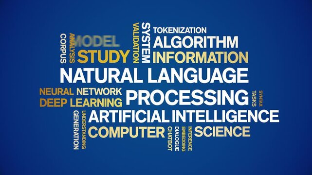 Natural Language Processing animated word cloud-text design animation tag kinetic typography seamless loop.