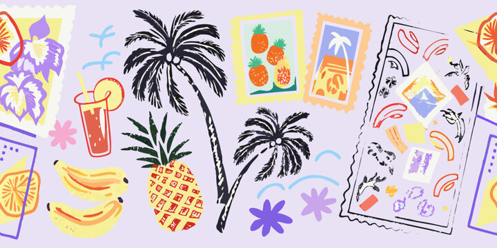 Tropical fruit and palm tree illustrations on a pastel purple background