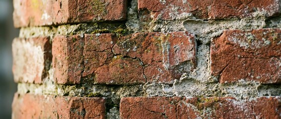 Obraz premium Close-up view of an old weathered brick wall texture with visible mortar.
